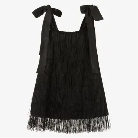 Girls Black Satin Fringed Dress