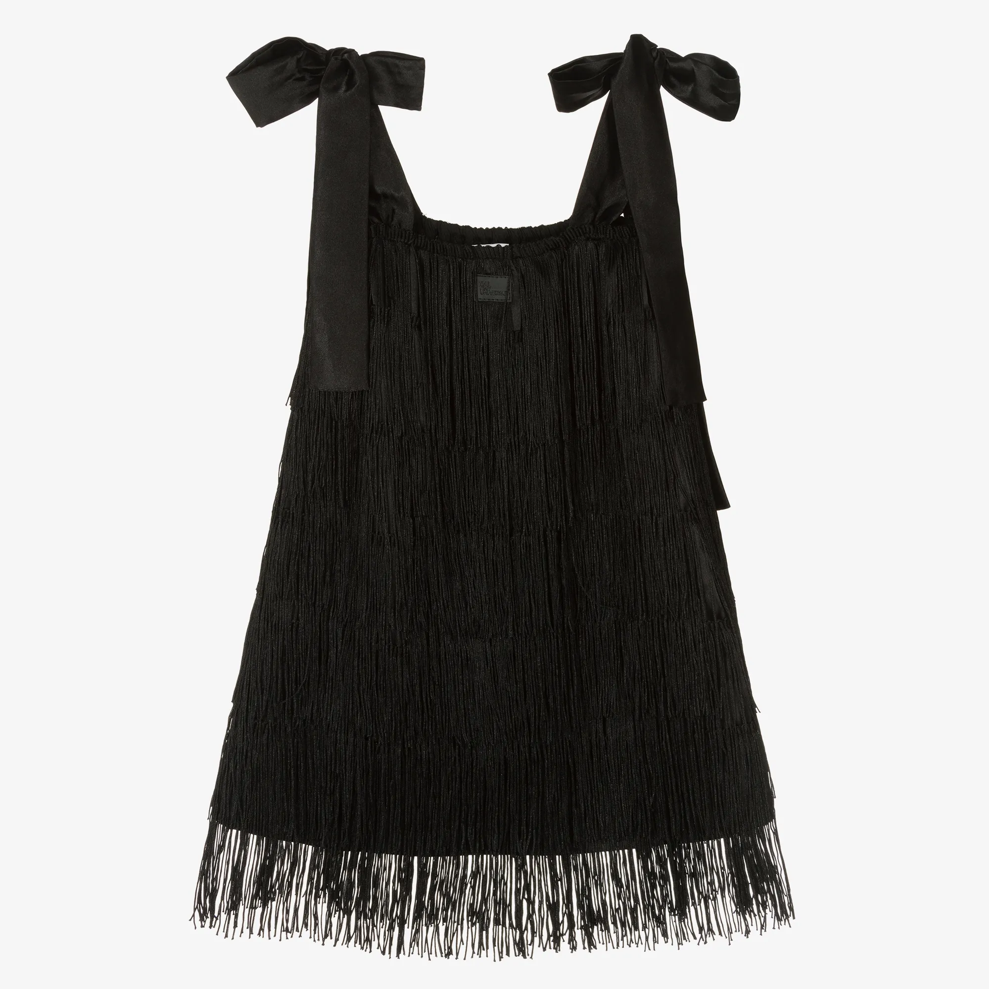 Girls Black Satin Fringed Dress