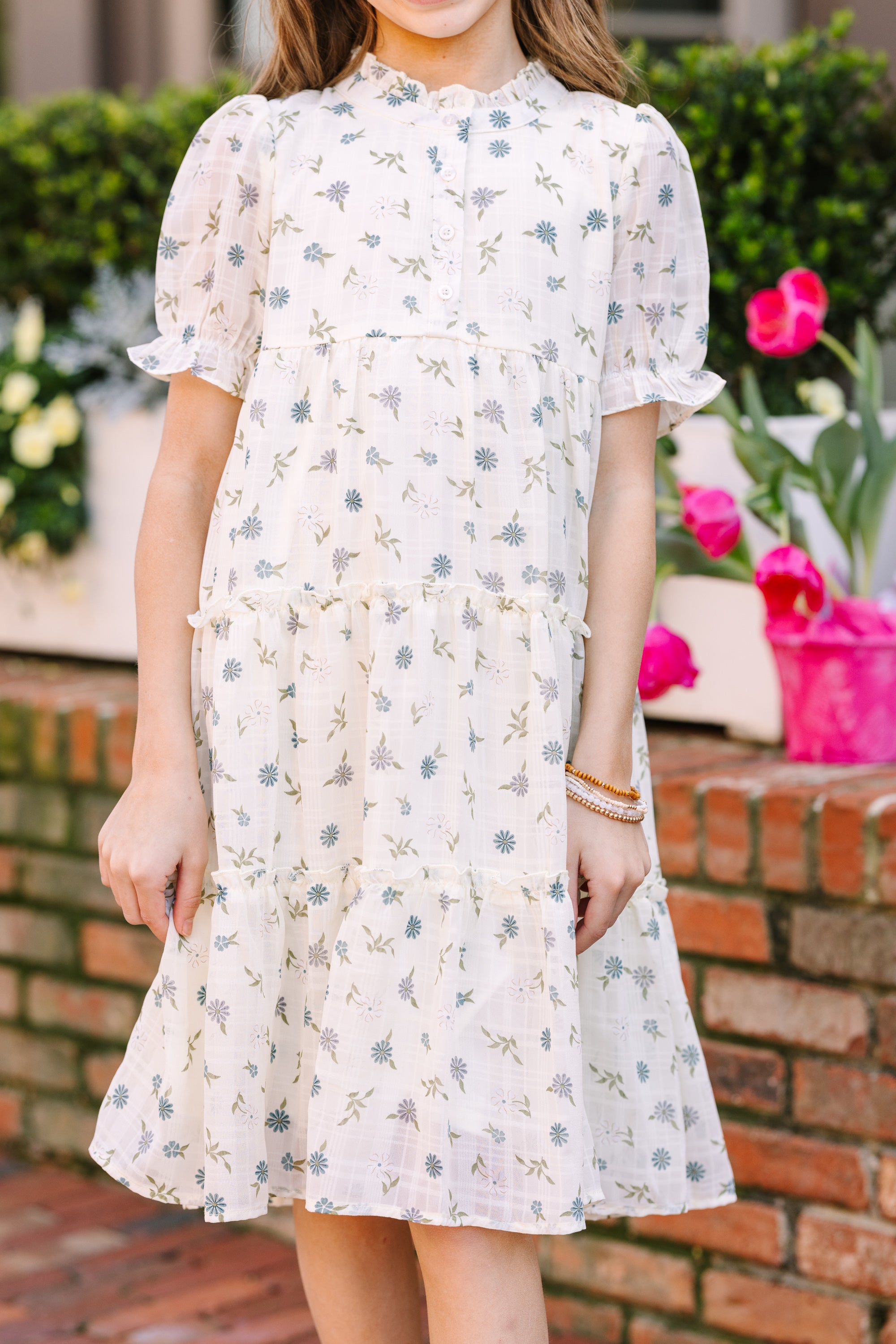 Girls: Get Started Cream White Ditsy Floral Dress