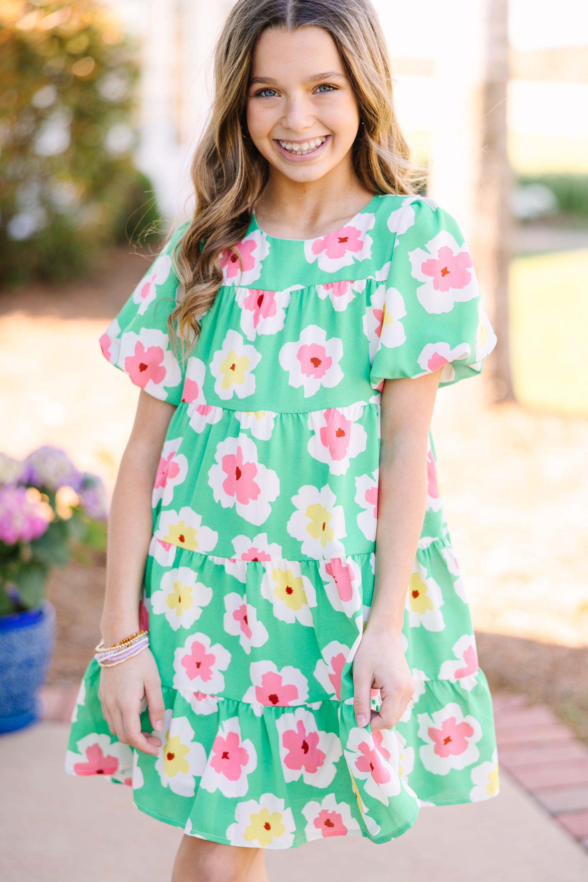 Girls: Start The Day Green Floral Dress