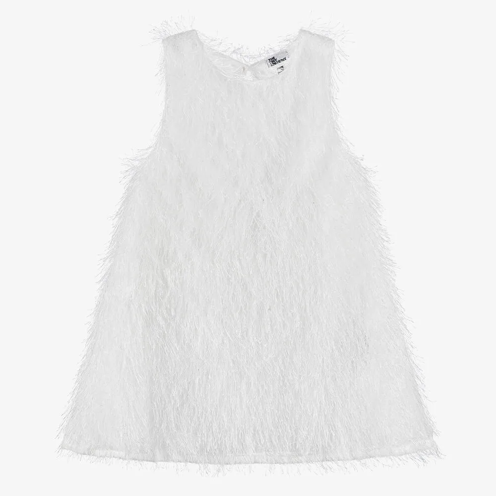 Girls White Fringed Sleeveless Dress