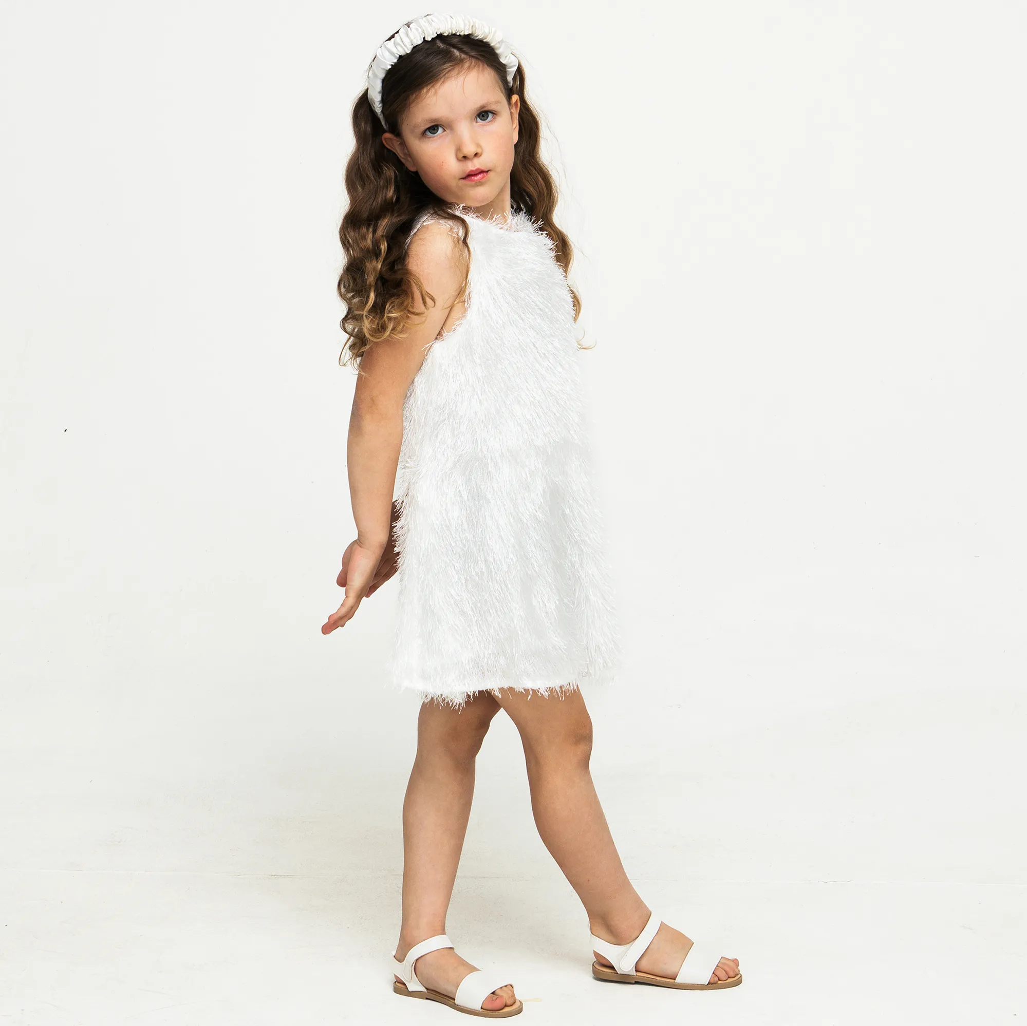 Girls White Fringed Sleeveless Dress