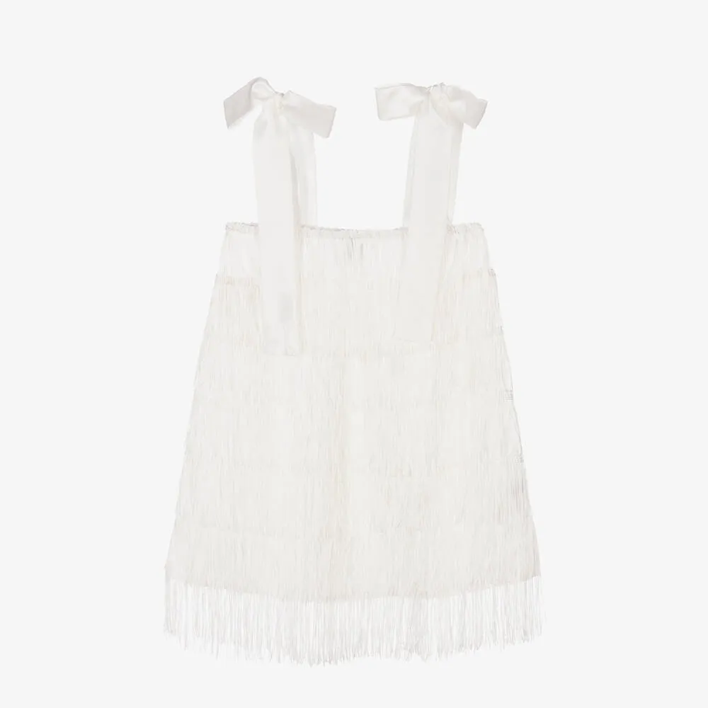 Girls White Satin Fringed Dress