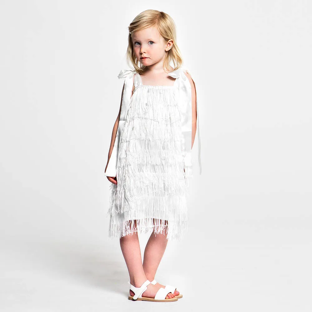 Girls White Satin Fringed Dress