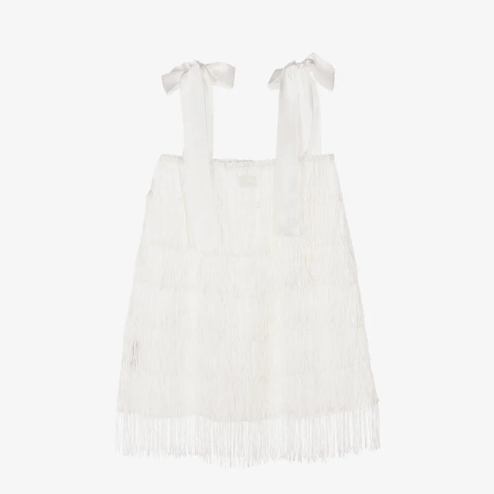 Girls White Satin Fringed Dress