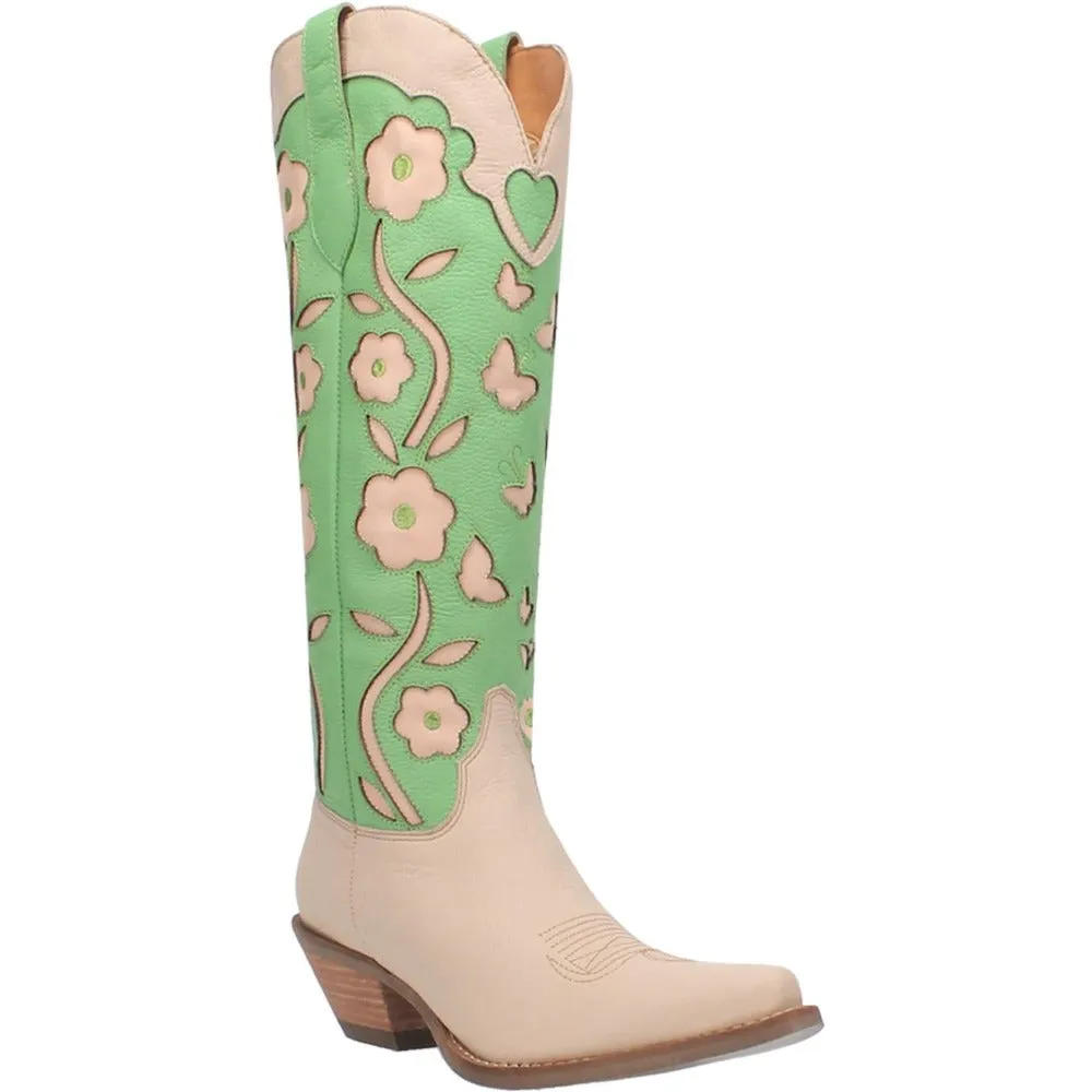 Goodness Gracious Mint Green/Sand Retro Floral & Butterfly Leather Knee High Boots (DS)