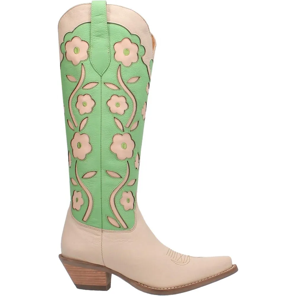 Goodness Gracious Mint Green/Sand Retro Floral & Butterfly Leather Knee High Boots (DS)