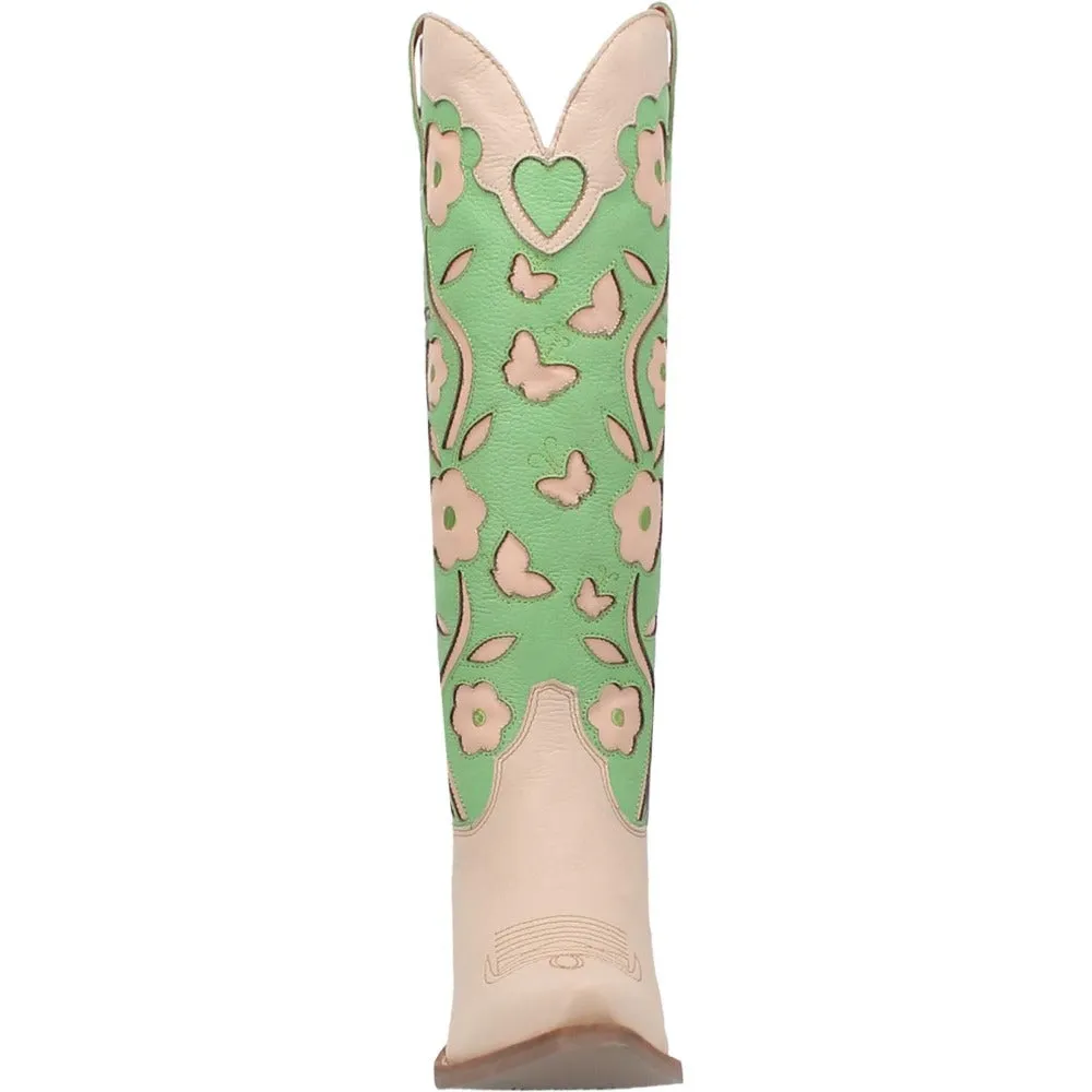 Goodness Gracious Mint Green/Sand Retro Floral & Butterfly Leather Knee High Boots (DS)