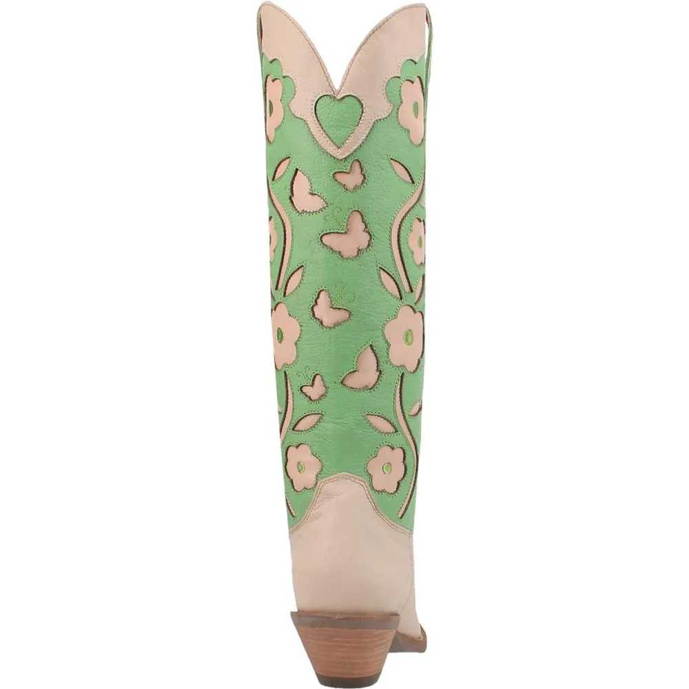 Goodness Gracious Mint Green/Sand Retro Floral & Butterfly Leather Knee High Boots (DS)