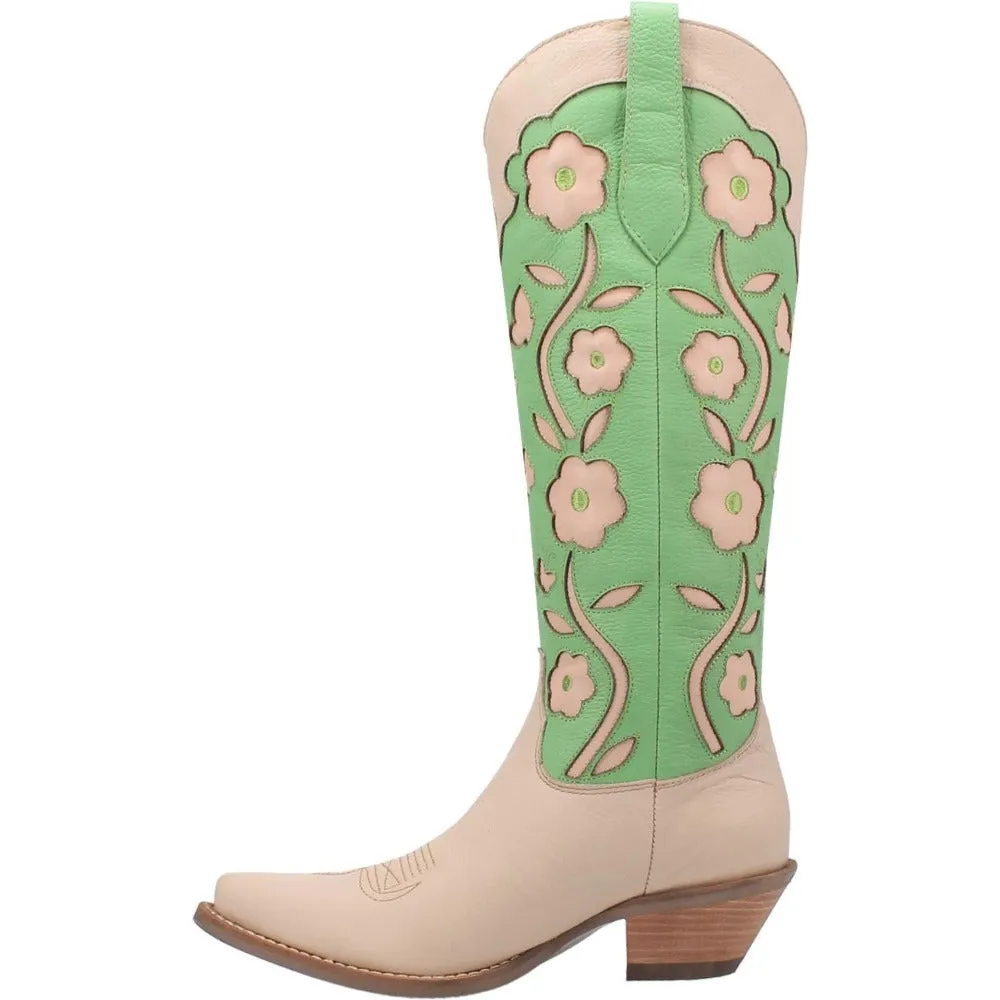 Goodness Gracious Mint Green/Sand Retro Floral & Butterfly Leather Knee High Boots (DS)