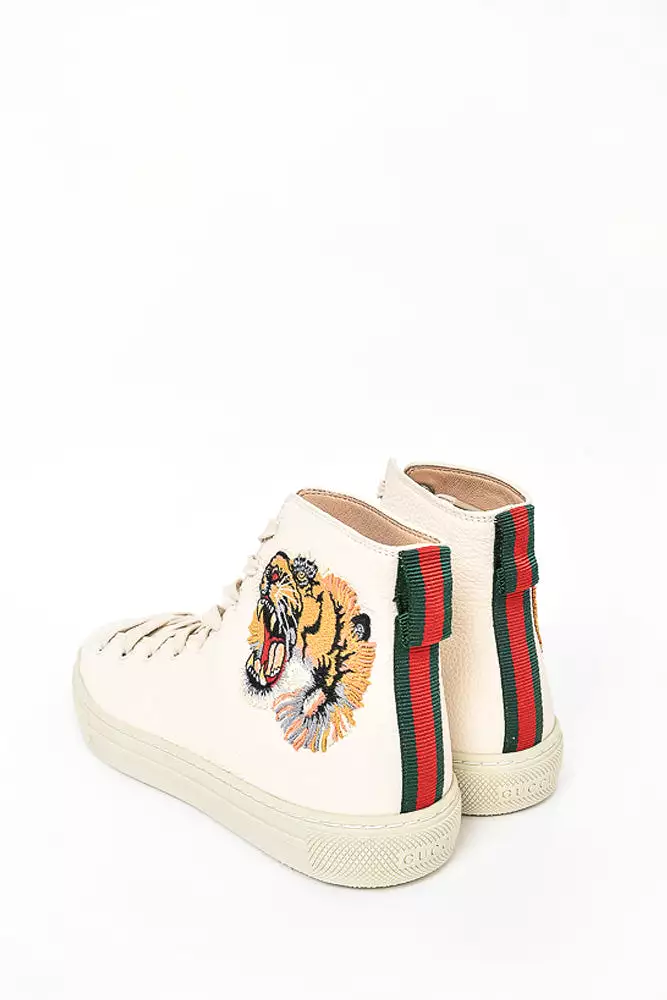 Gucci Cream Leather Tiger Embroidered High Top Sneaker sz 6.5