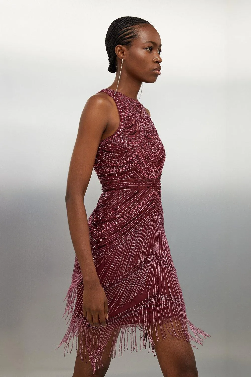 Halter Neck Beaded And Embellished Woven Fringed Mini Dress | Karen Millen