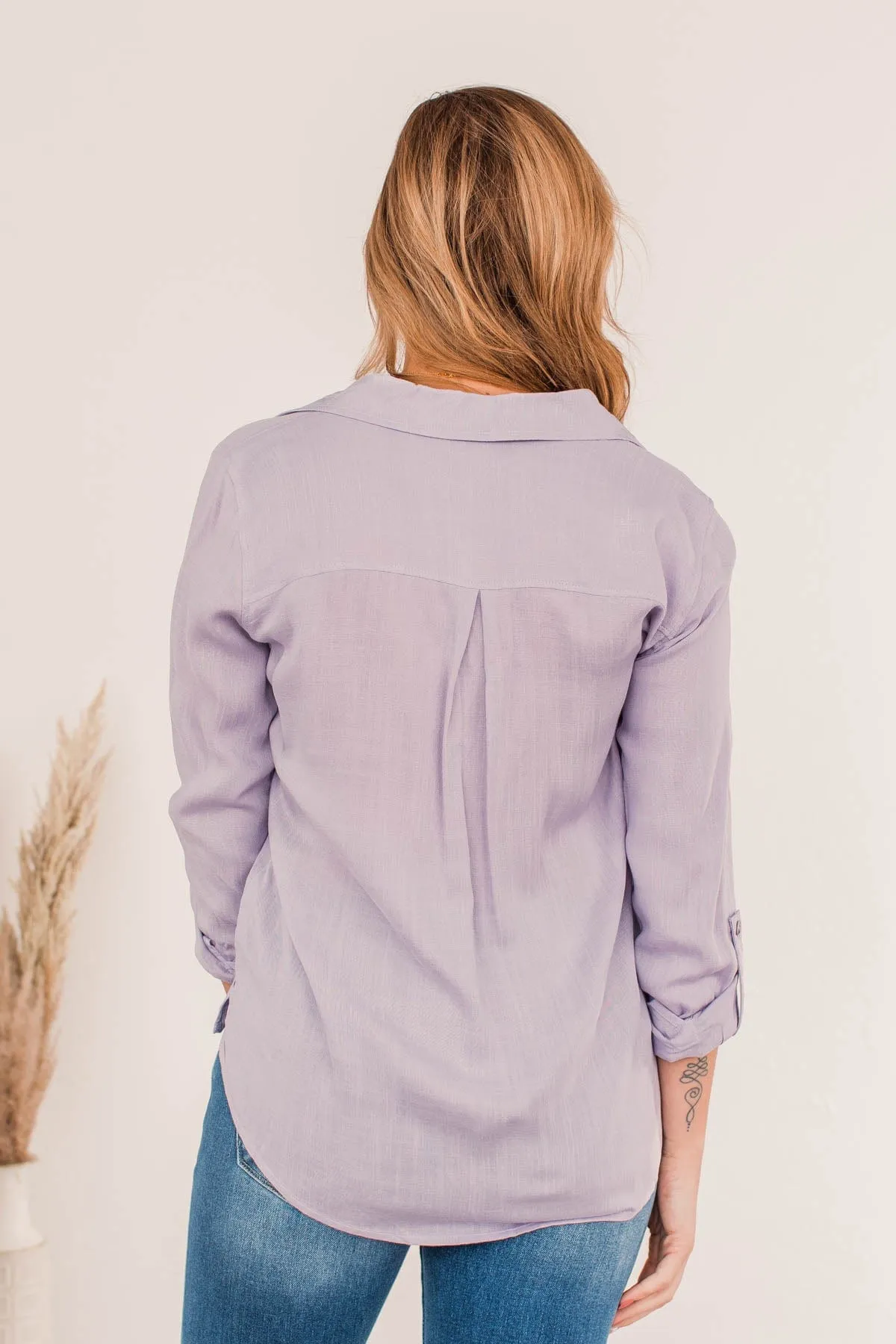 Hearing The Love Button Pocket Top- Lavender