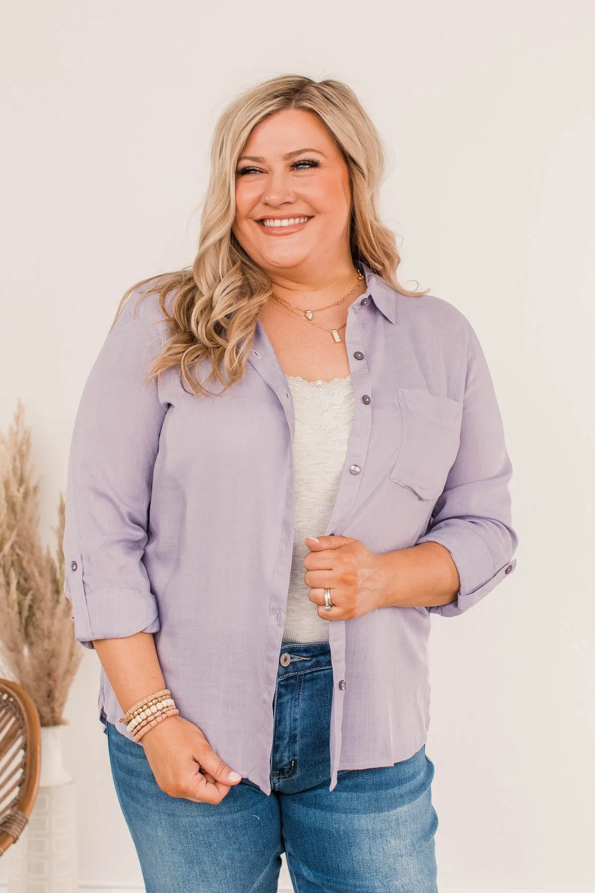 Hearing The Love Button Pocket Top- Lavender