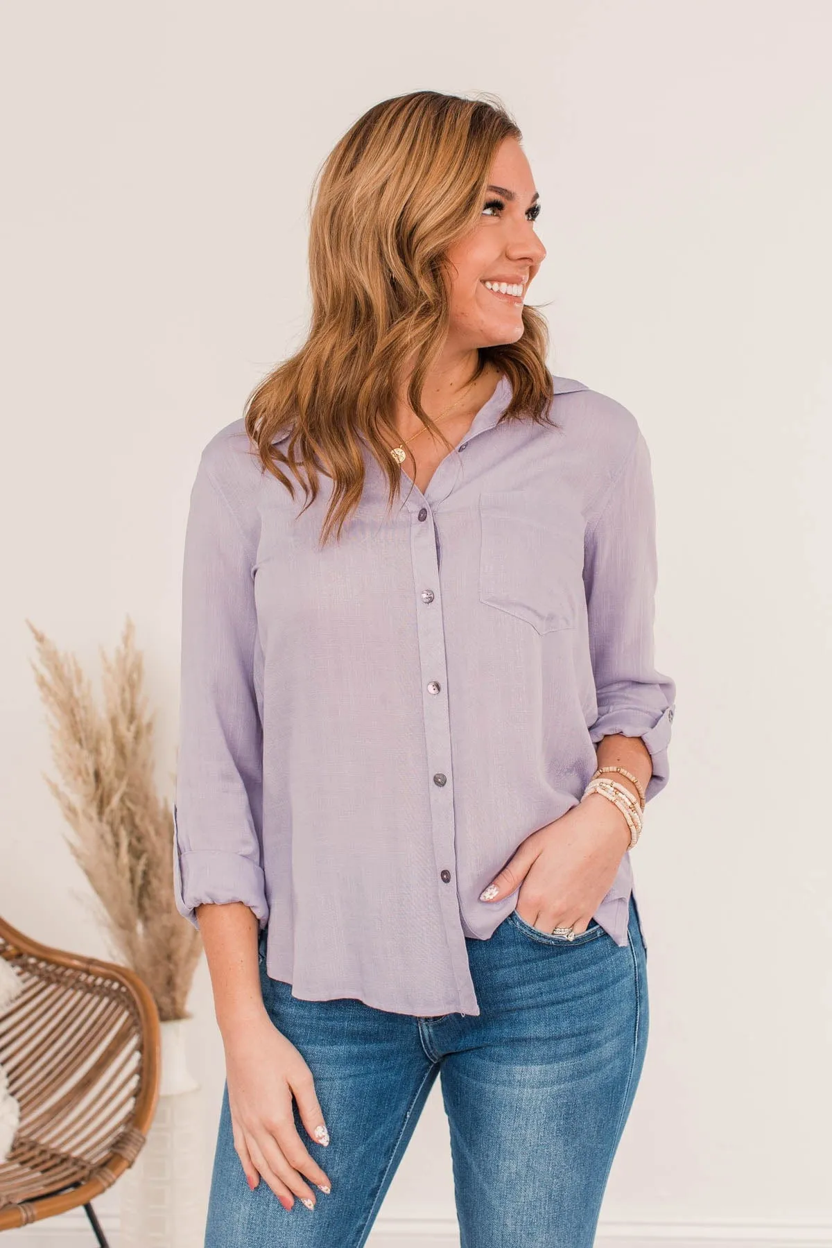 Hearing The Love Button Pocket Top- Lavender