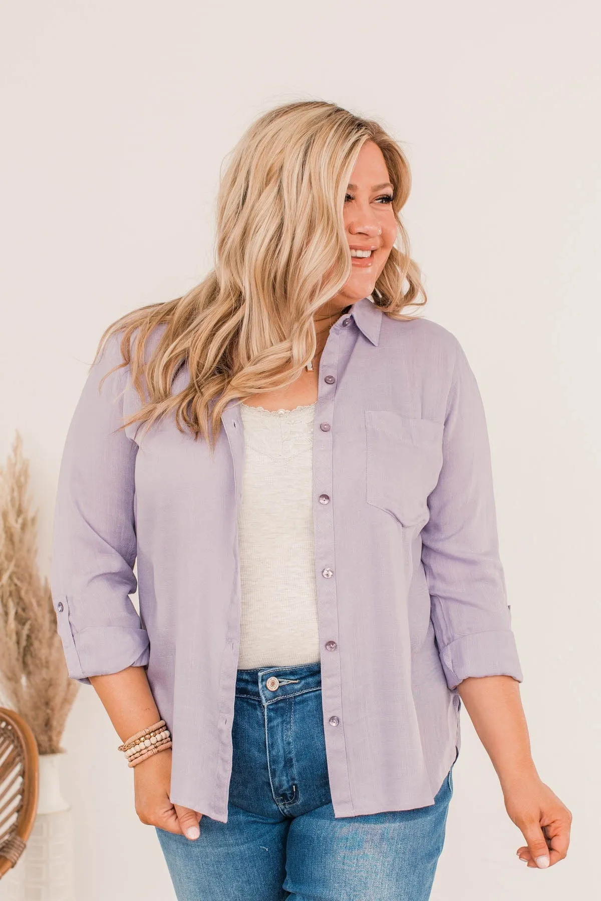 Hearing The Love Button Pocket Top- Lavender