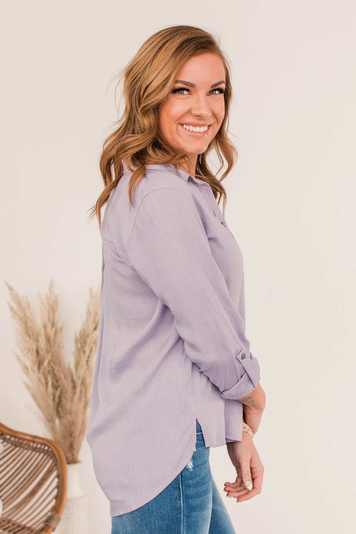 Hearing The Love Button Pocket Top- Lavender