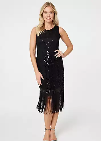 Izabel London Black Sequin Fringed Hem Midi Shift Dress | Grattan