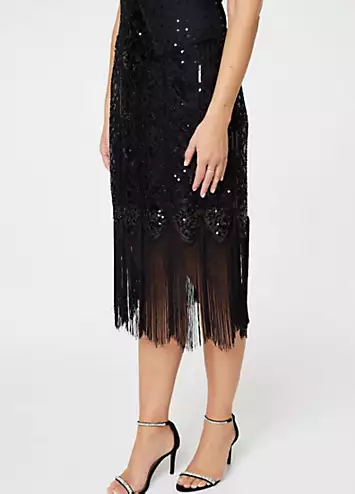 Izabel London Black Sequin Fringed Hem Midi Shift Dress | Grattan