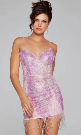 Jovani 40377 - Spaghetti Strap Fringed Cocktail Dress