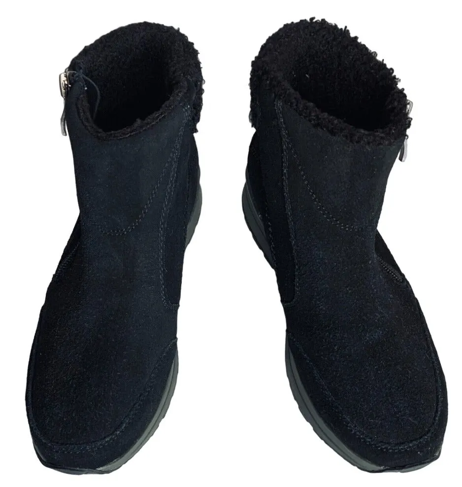 Land's End Women's Suede Ankle Booties Faux Fur Trim