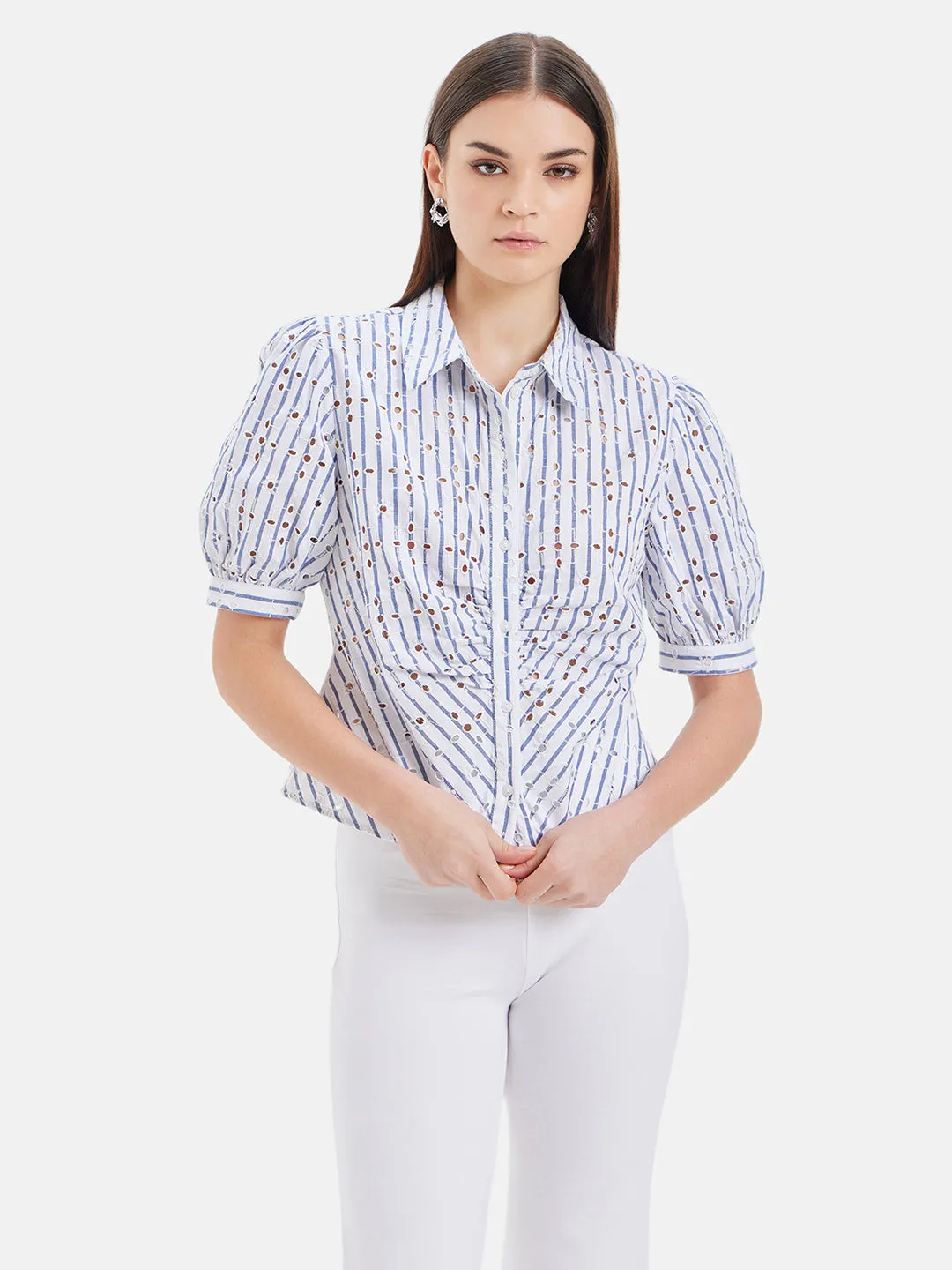 Layla Ruched Placket Half Sleeves Shirt