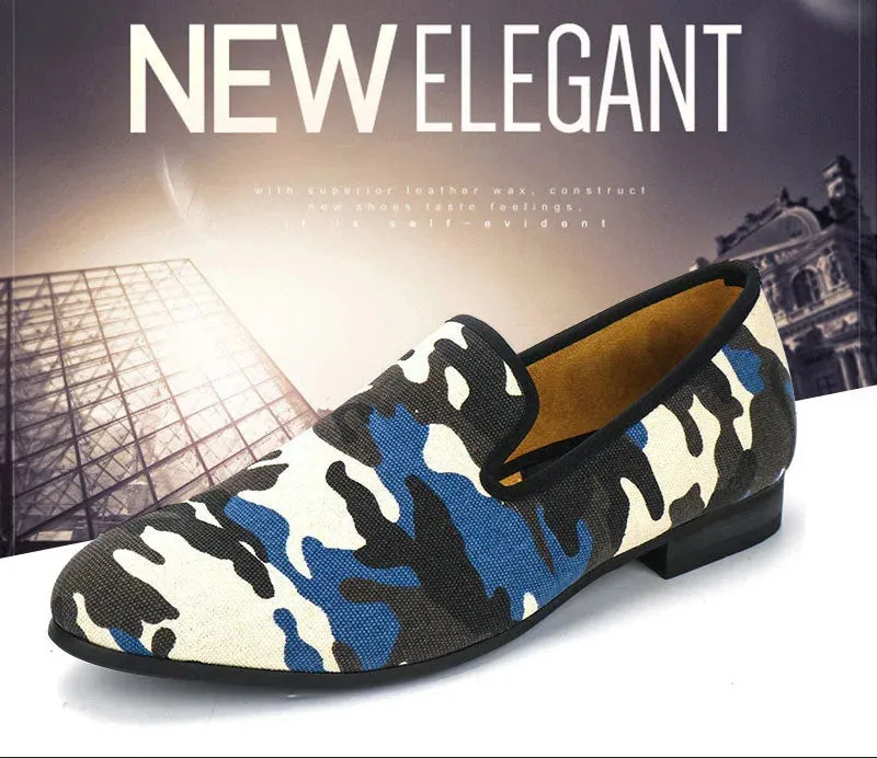 Men's Canvas Smoking Camouflage Pattern Handmade Casual Loafers