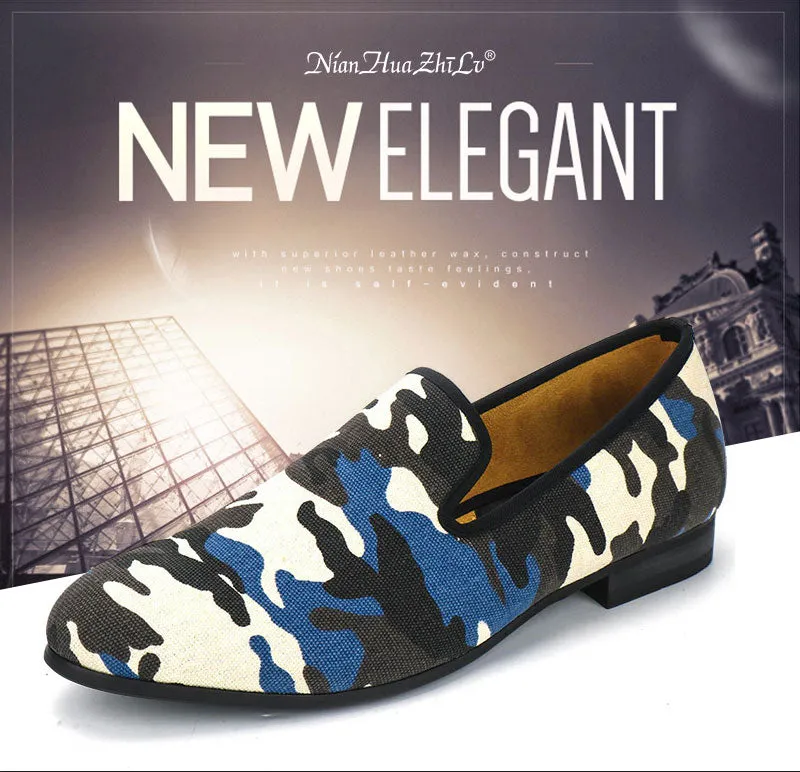 Men's Canvas Smoking Camouflage Pattern Handmade Casual Loafers