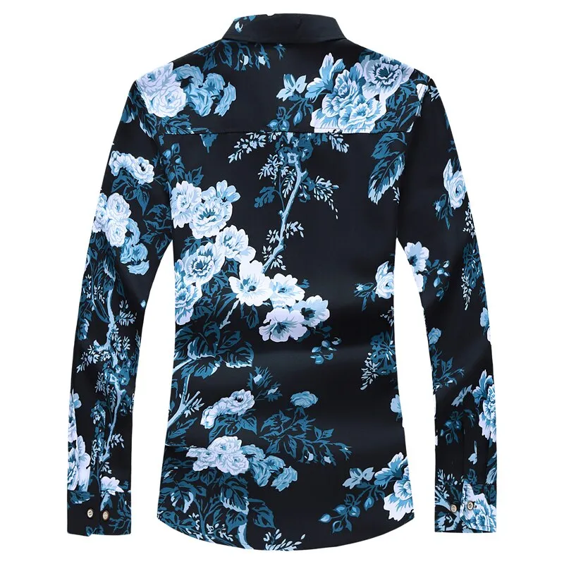 Men's Casual Polyester Floral Printed Slim Fit Party Long Sleeve Shirt