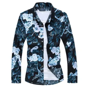 Men's Casual Polyester Floral Printed Slim Fit Party Long Sleeve Shirt