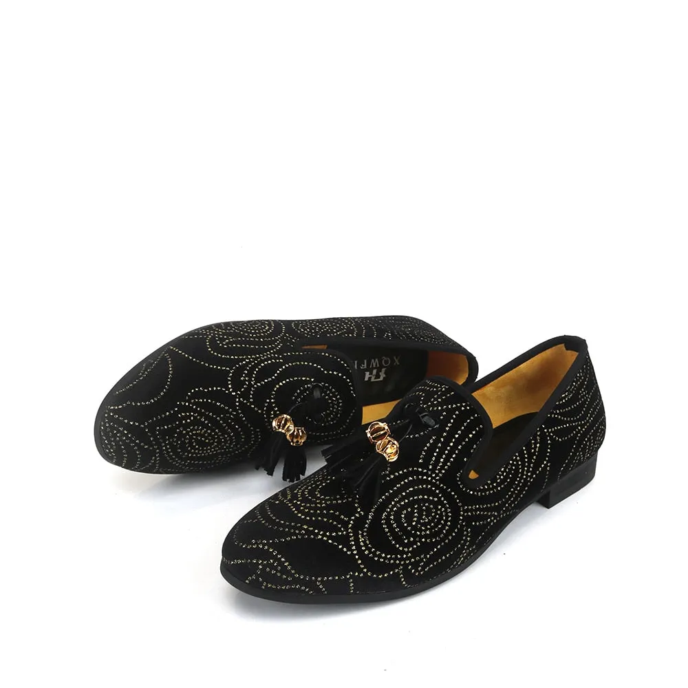 Men's European and American Embroidered Rivet Rhinestone High-End Loafers