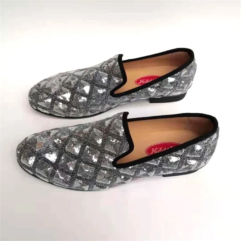 Men's Spring Luxury Style Sequined Cloth Checkered Pattern Party Loafers