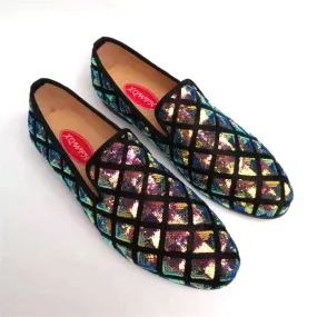 Men's Spring Luxury Style Sequined Cloth Checkered Pattern Party Loafers