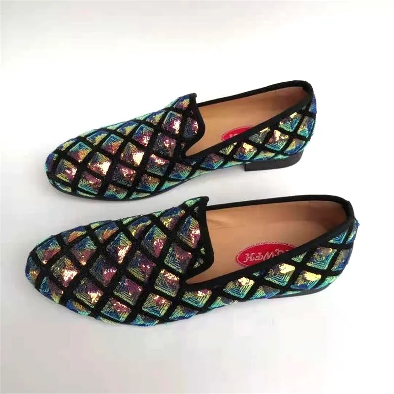 Men's Spring Luxury Style Sequined Cloth Checkered Pattern Party Loafers