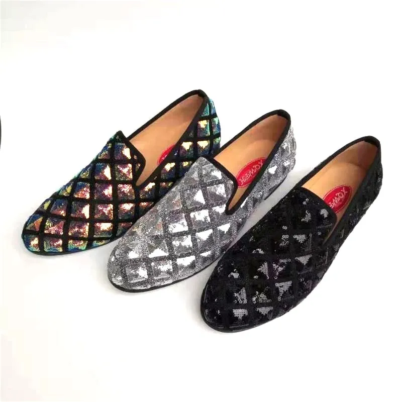 Men's Spring Luxury Style Sequined Cloth Checkered Pattern Party Loafers