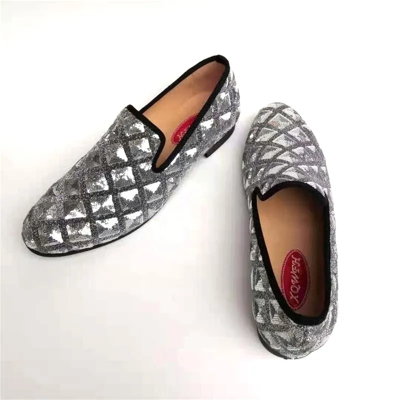 Men's Spring Luxury Style Sequined Cloth Checkered Pattern Party Loafers