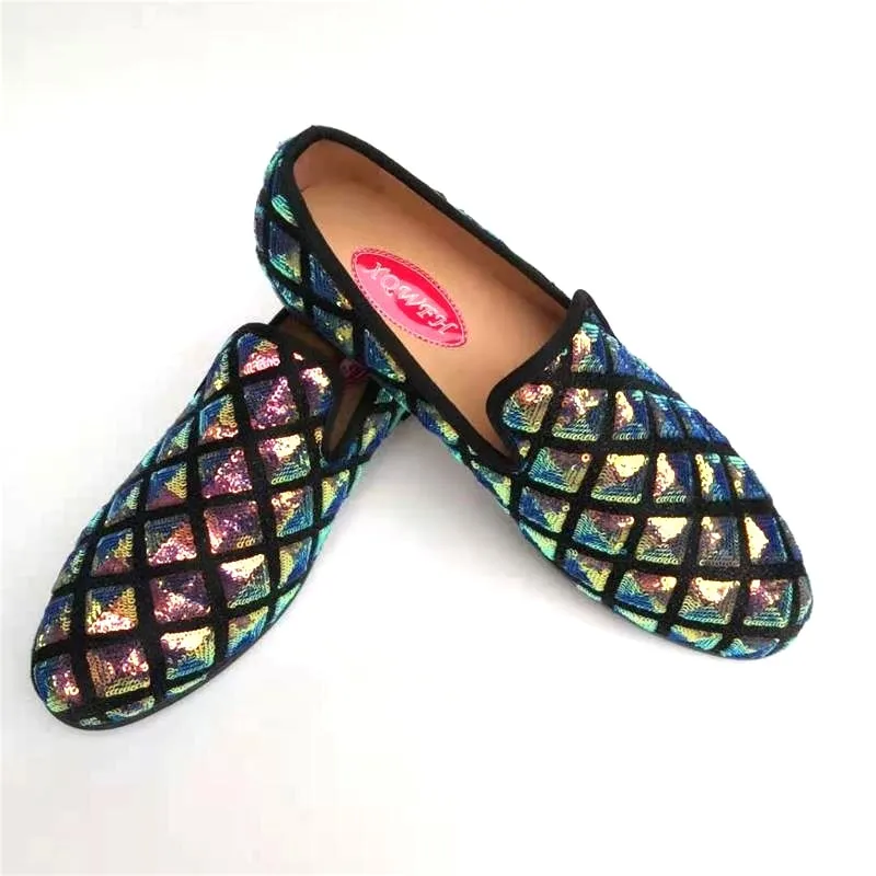 Men's Spring Luxury Style Sequined Cloth Checkered Pattern Party Loafers