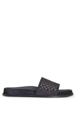 Mixed-leather slides with woven upper strap