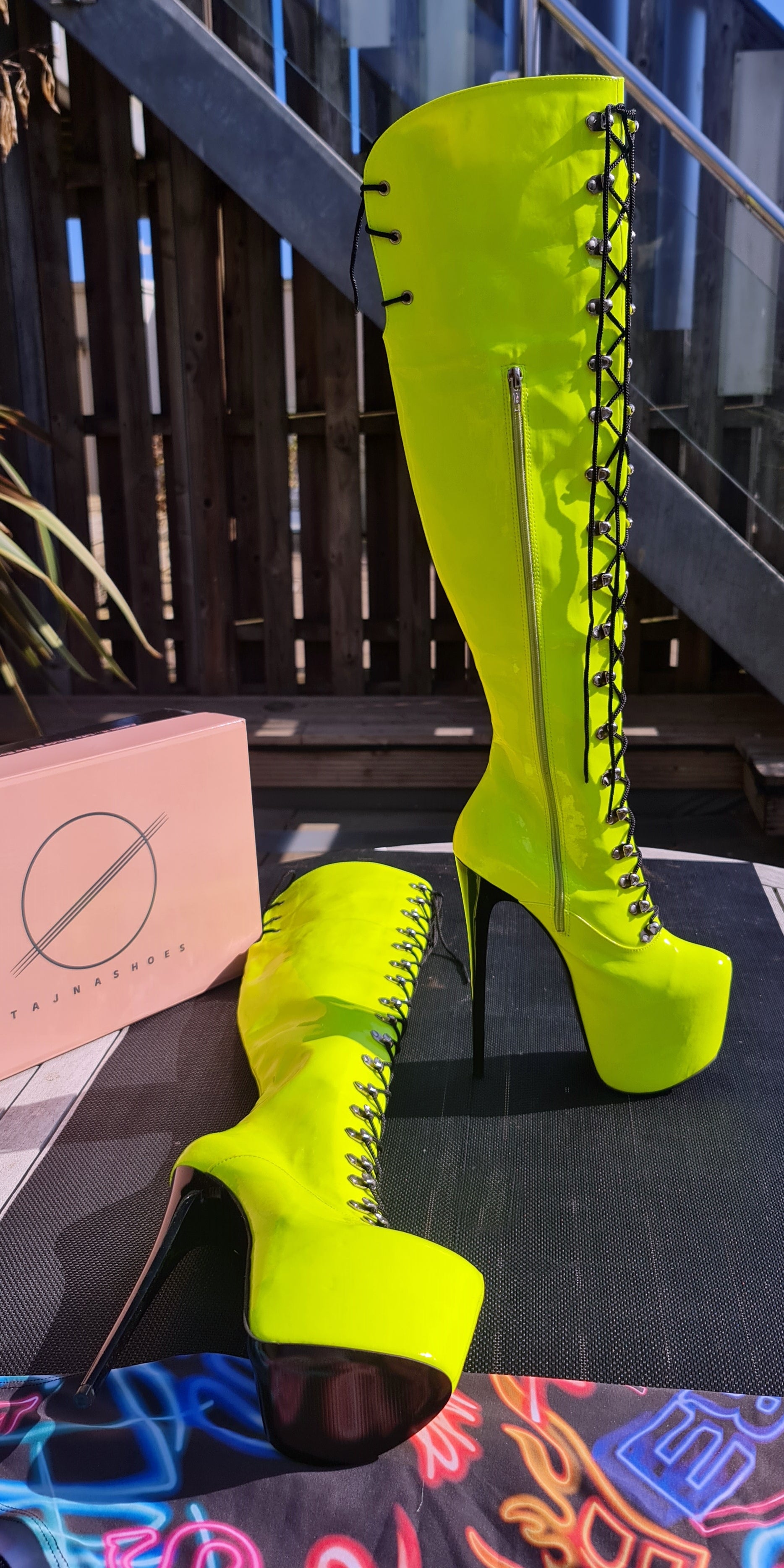 Neon Yellow Military Style Lace Up Heel Boots