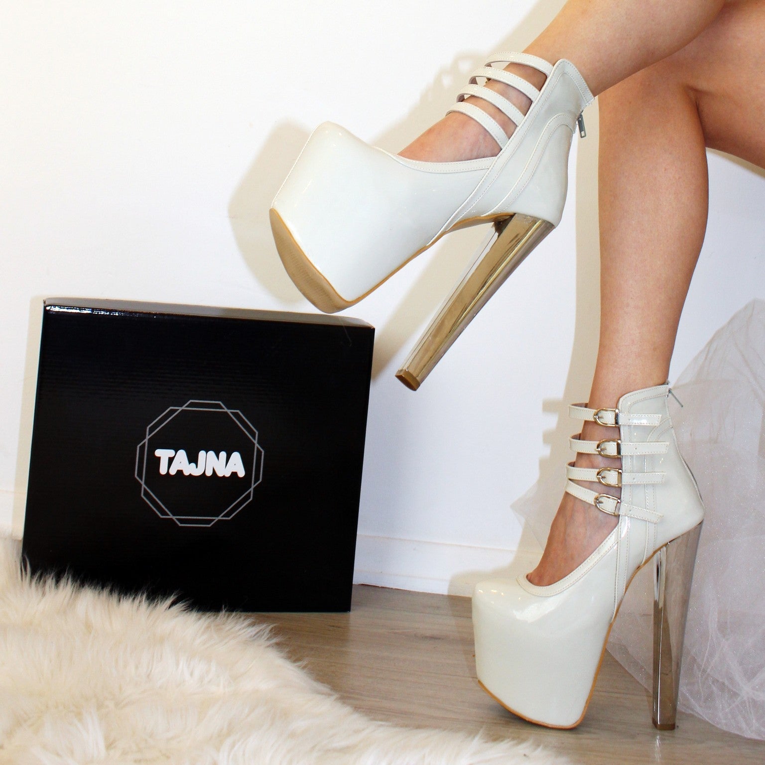 Nude Cream Patent Belted High Platform Heel Boots