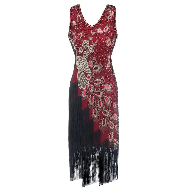 Penelope- the Peacock Design Fringed 1920s Style Dress 5 Colors