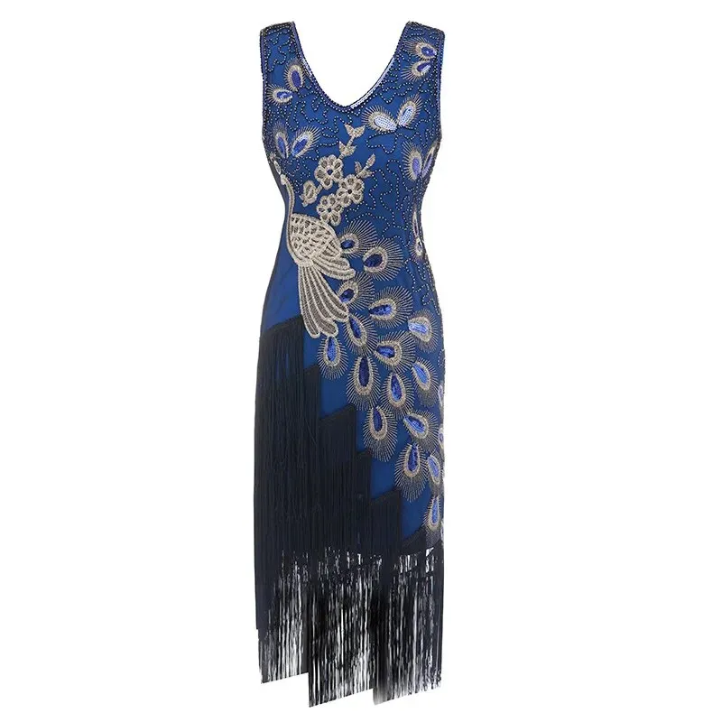 Penelope- the Peacock Design Fringed 1920s Style Dress 5 Colors