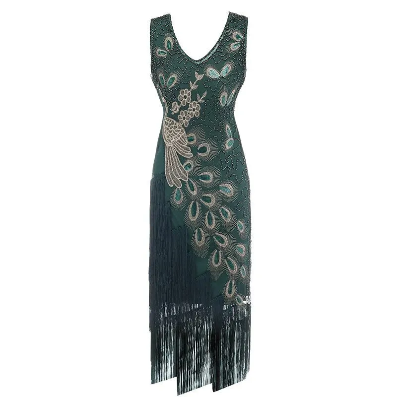 Penelope- the Peacock Design Fringed 1920s Style Dress 5 Colors