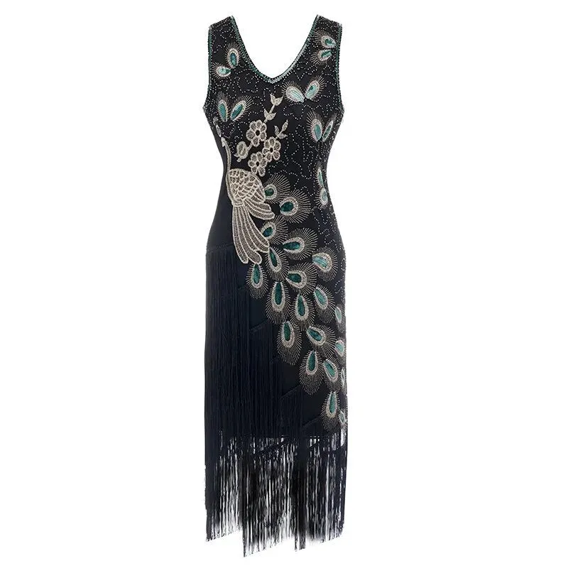 Penelope- the Peacock Design Fringed 1920s Style Dress 5 Colors