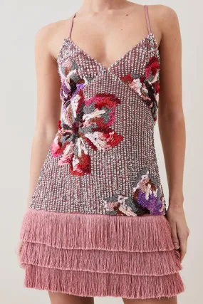 Petite Mixed Sequin & Beaded Fringed Mini Dress | Karen Millen