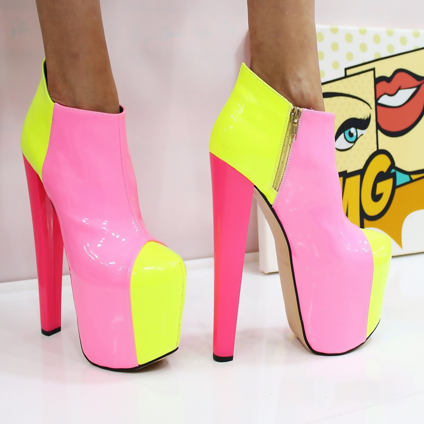 Pink Yellow Ankle Boots Platform High Pink Heel Shoes