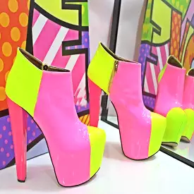 Pink Yellow Ankle Boots Platform High Pink Heel Shoes