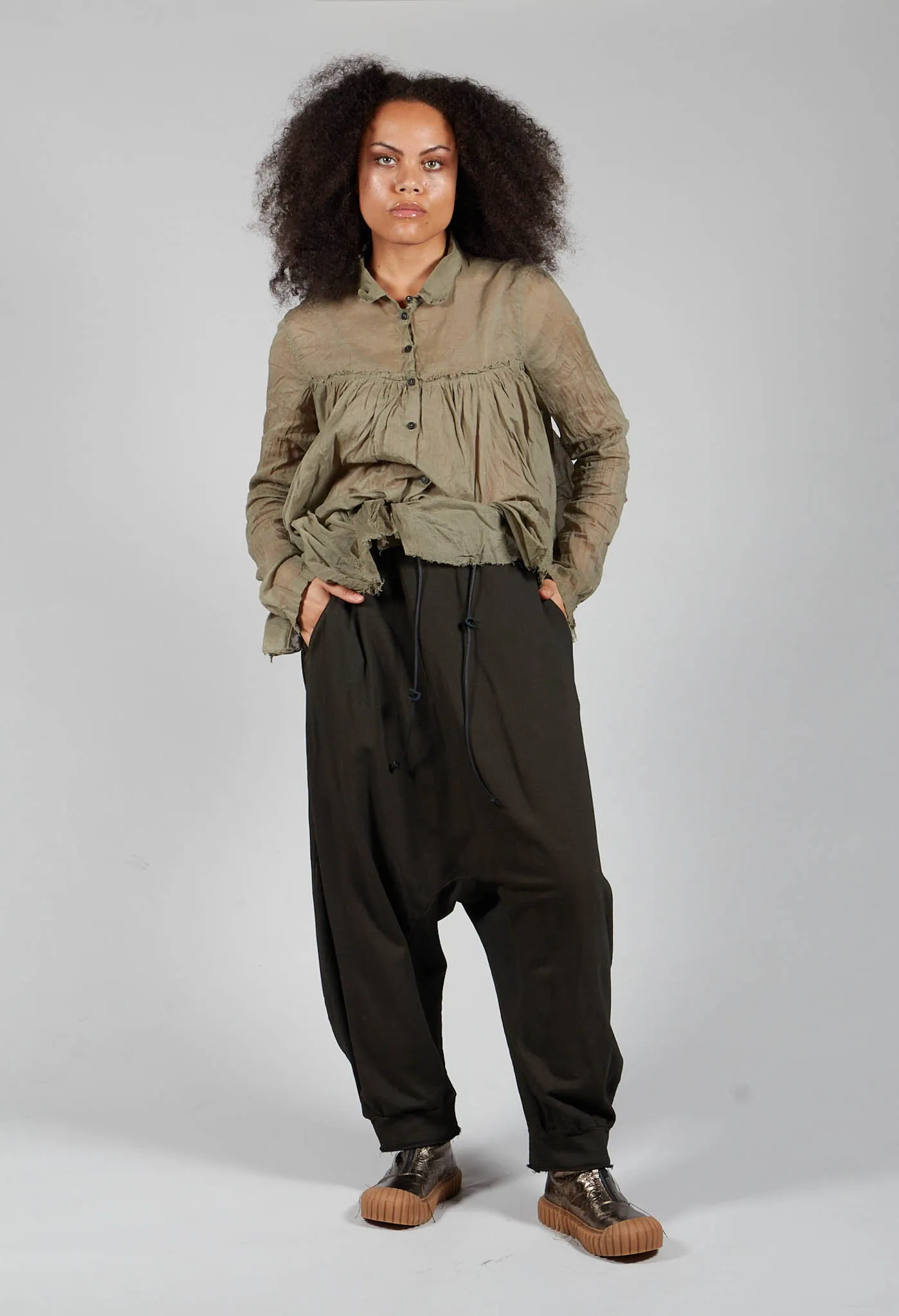 Pull String Drop Crotch Pants in Khaki Cloud