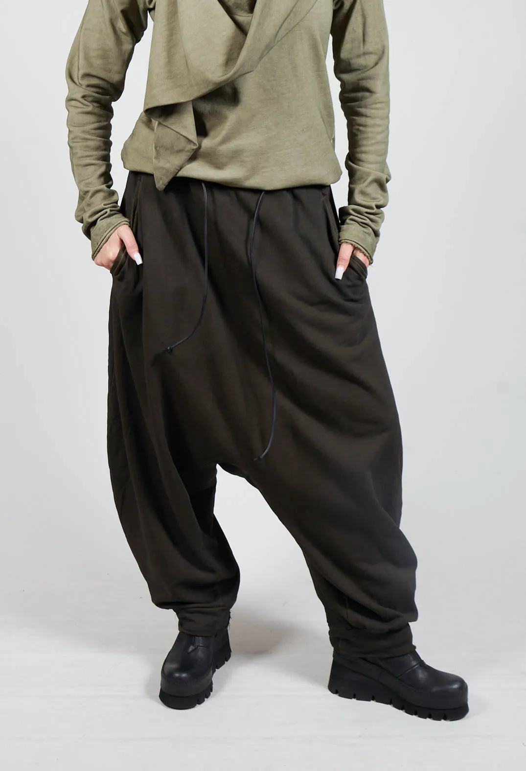 Pull String Drop Crotch Pants in Khaki Cloud