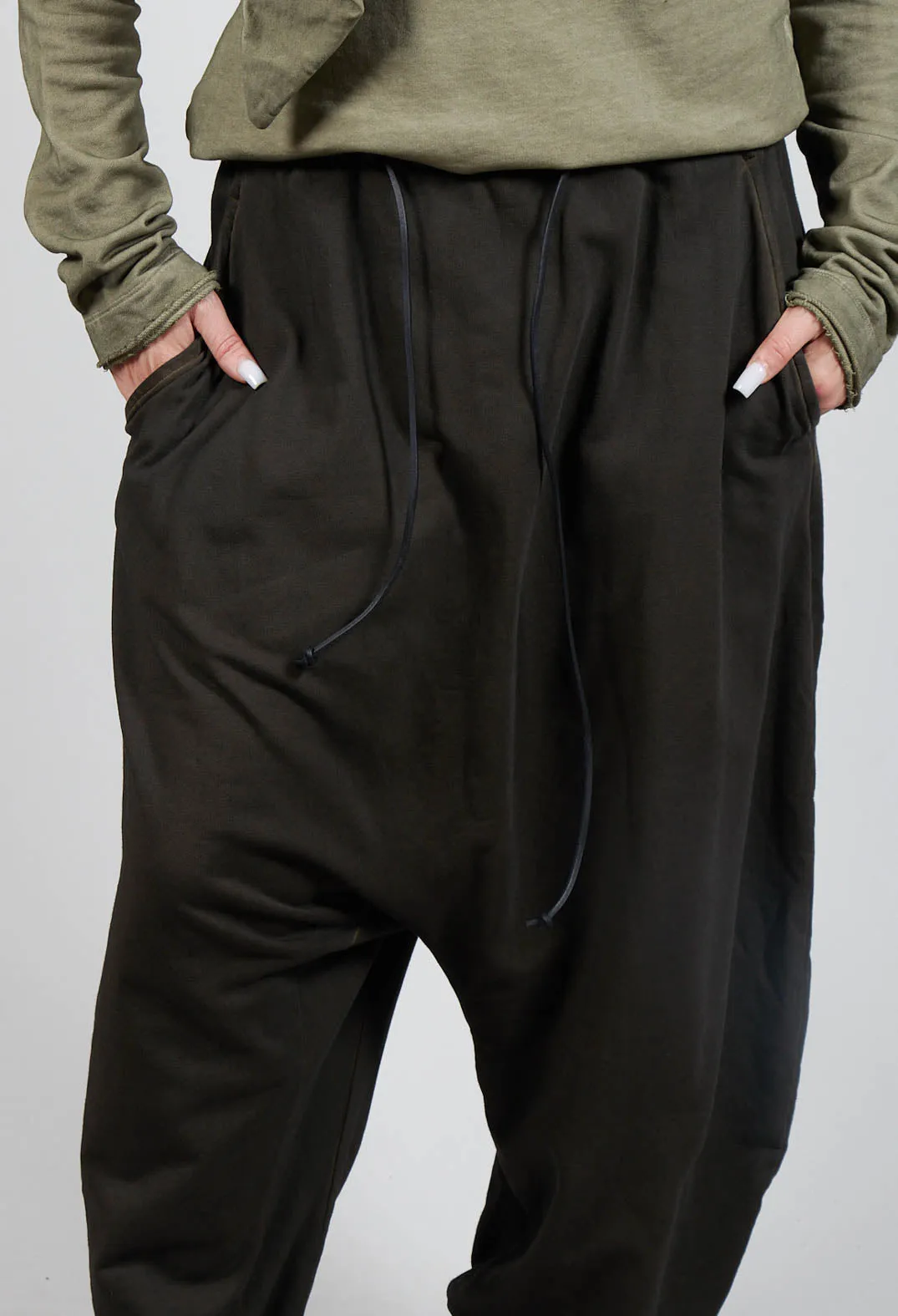 Pull String Drop Crotch Pants in Khaki Cloud